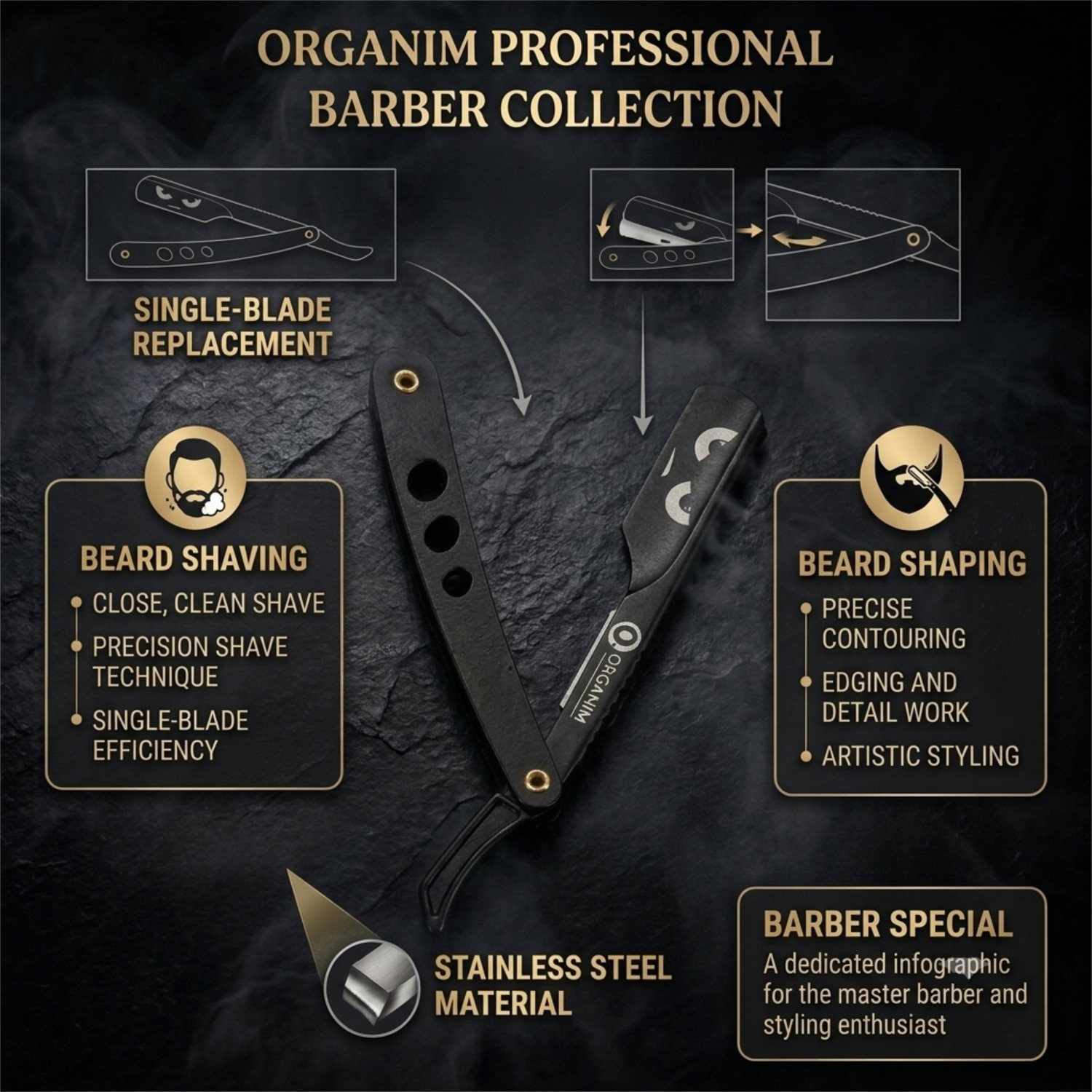 Image of Organim care products Stainless Steel Black Coated Barber Razor | Sliding Head Manual Straight Razor, Men & Women