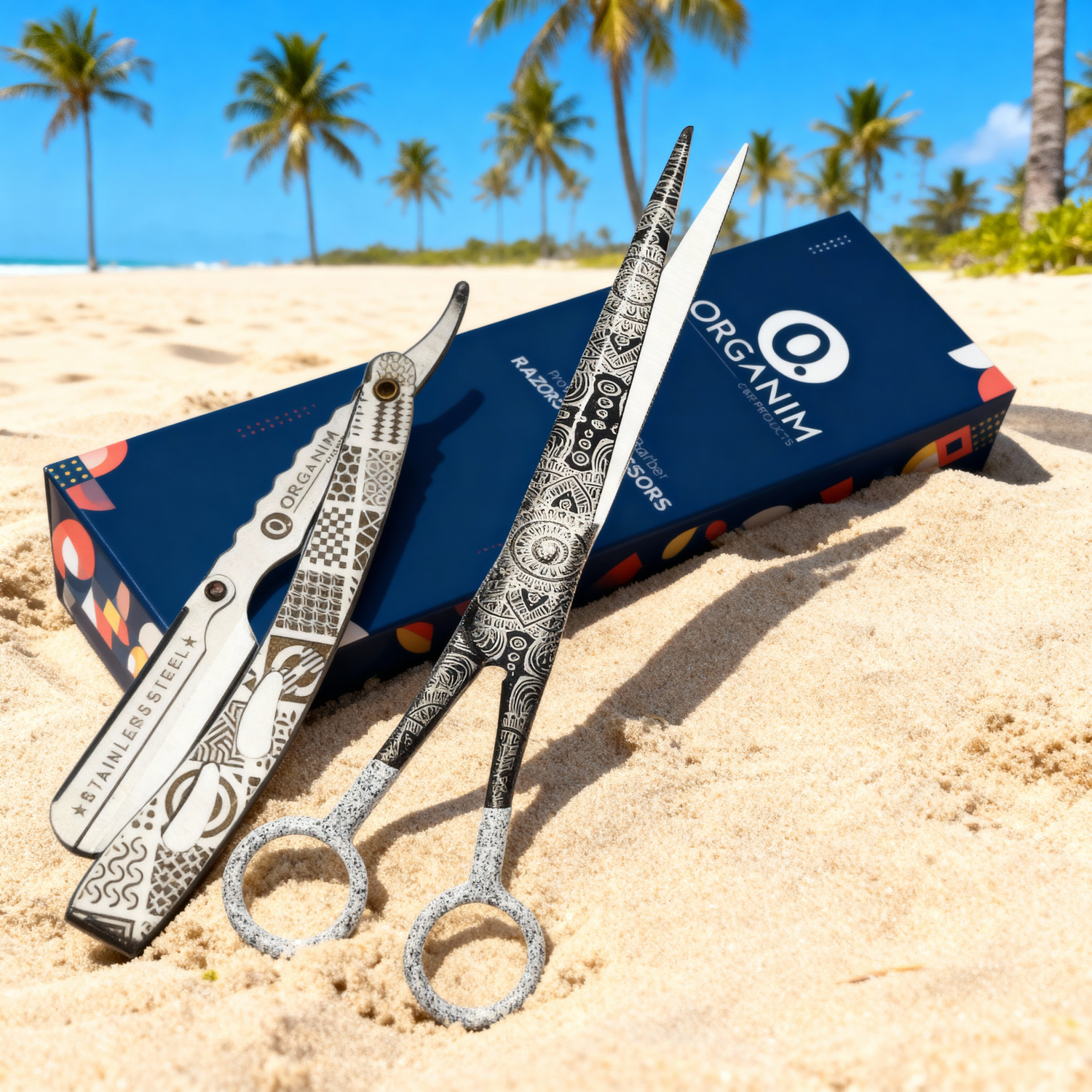 Image of Organim care products Barber Combo: Stainless Steel Folding Razor & 7-Inch Hair Cutting Scissor Set, Men & Women
