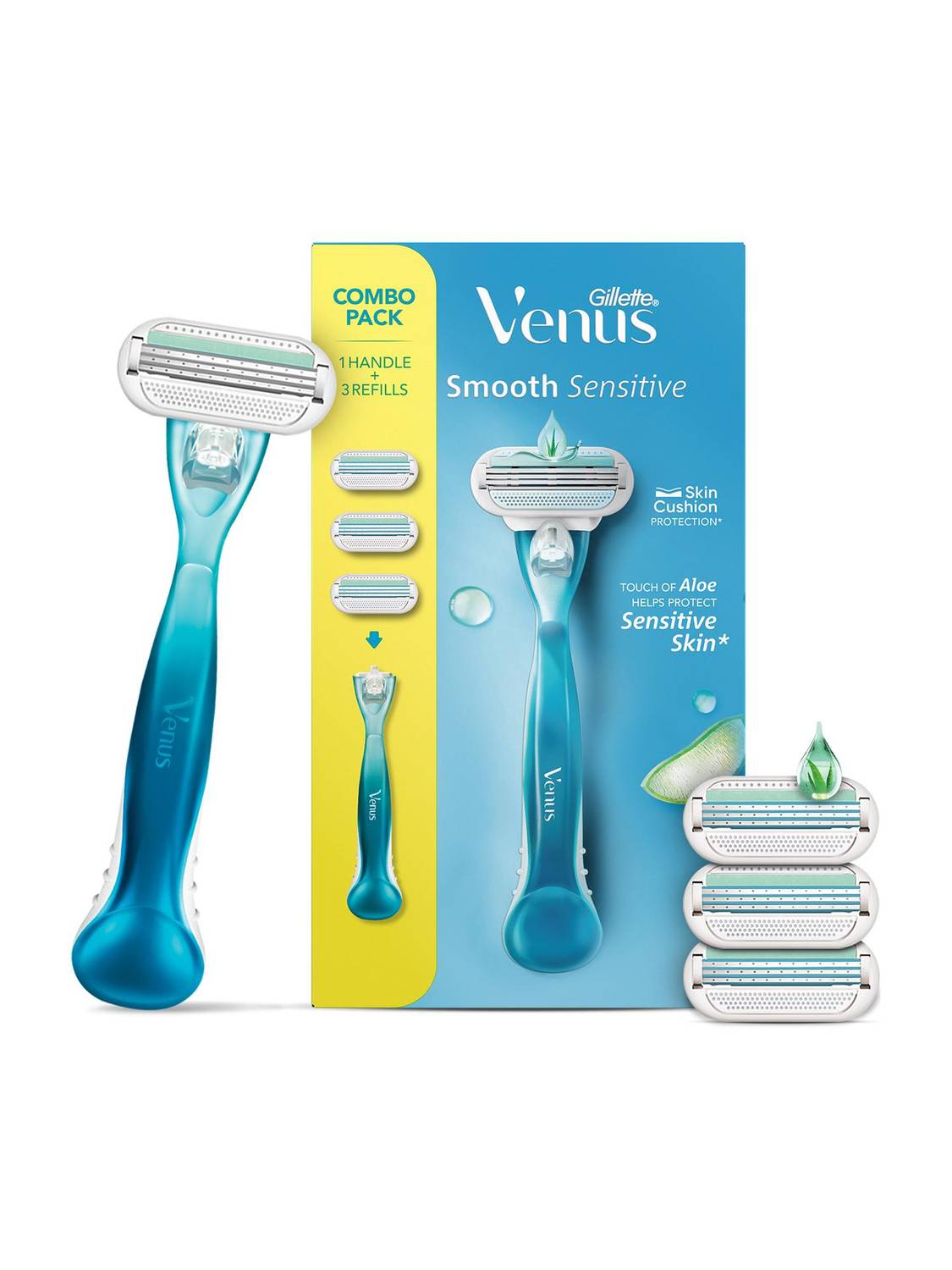 Gillette Venus Smooth Combo pack | Razor plus 3 refills | Aloe vera smooth, Women