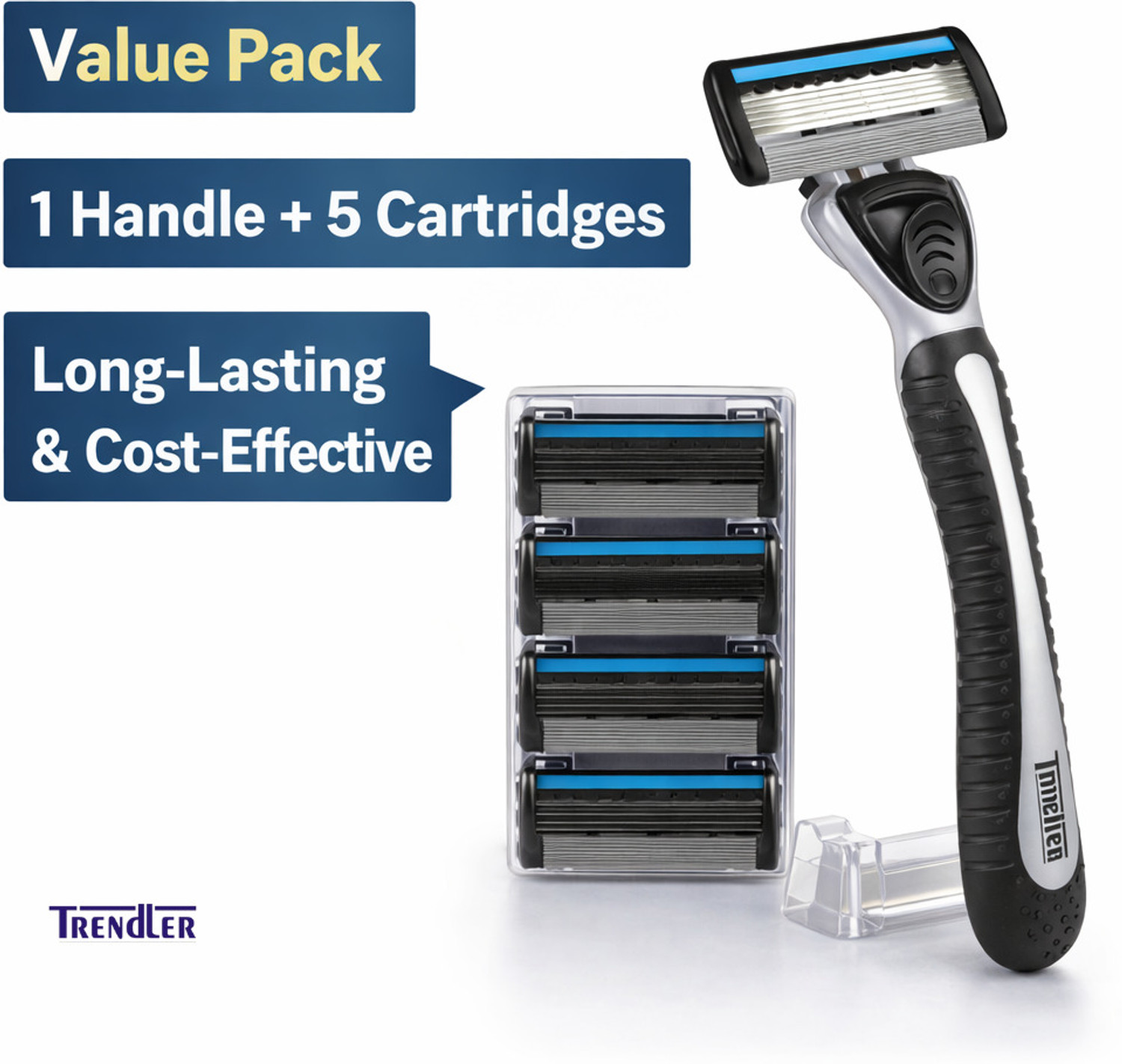 TRENDLER Blue 5 Blade Precision Razor – Value Pack (1 Handle + 5 Cartridges), Men