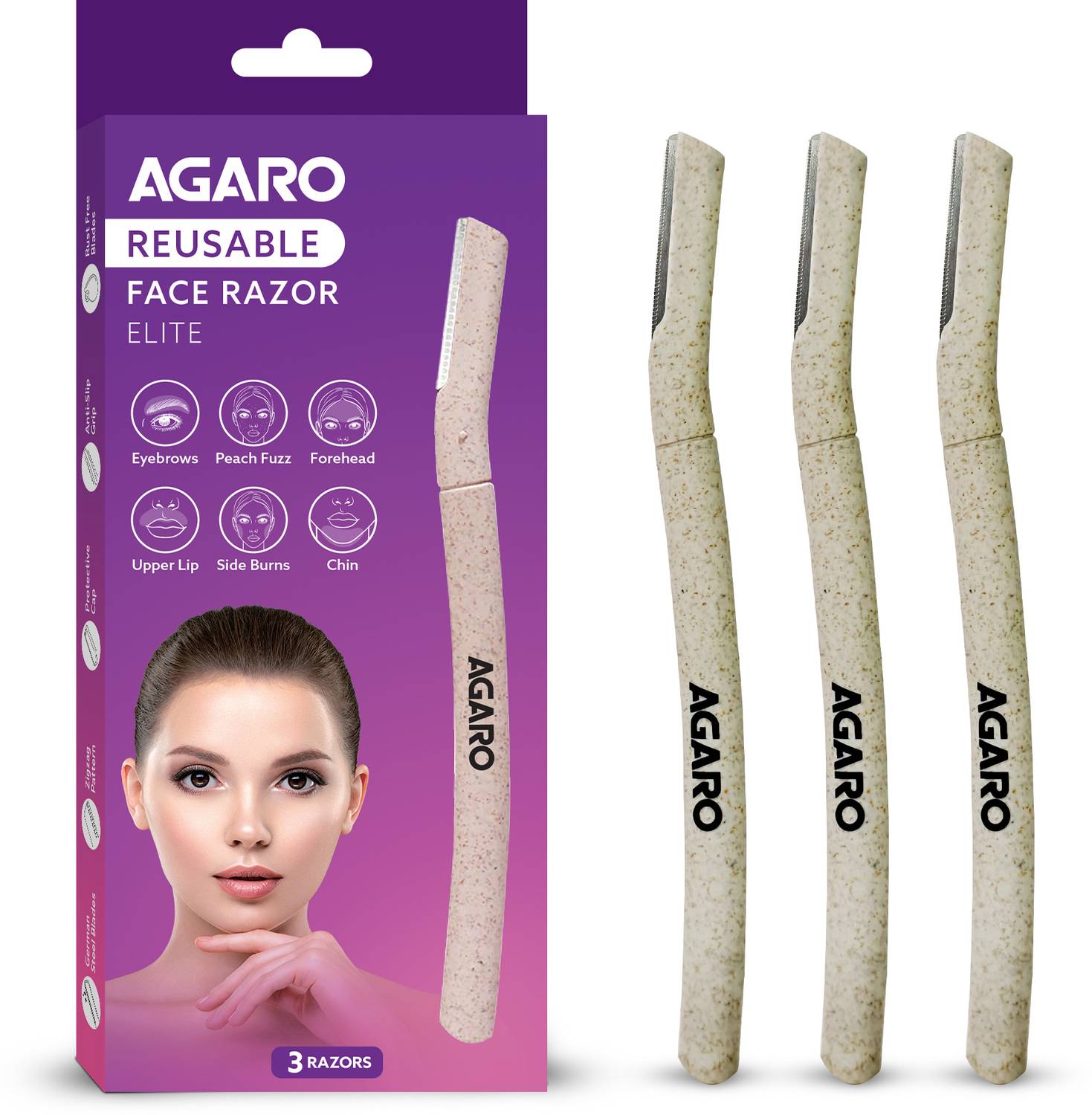 AGARO Elite Face Razor for Women, Pack of 3, Reusable Shaver for Facial Hair & Brows, Women