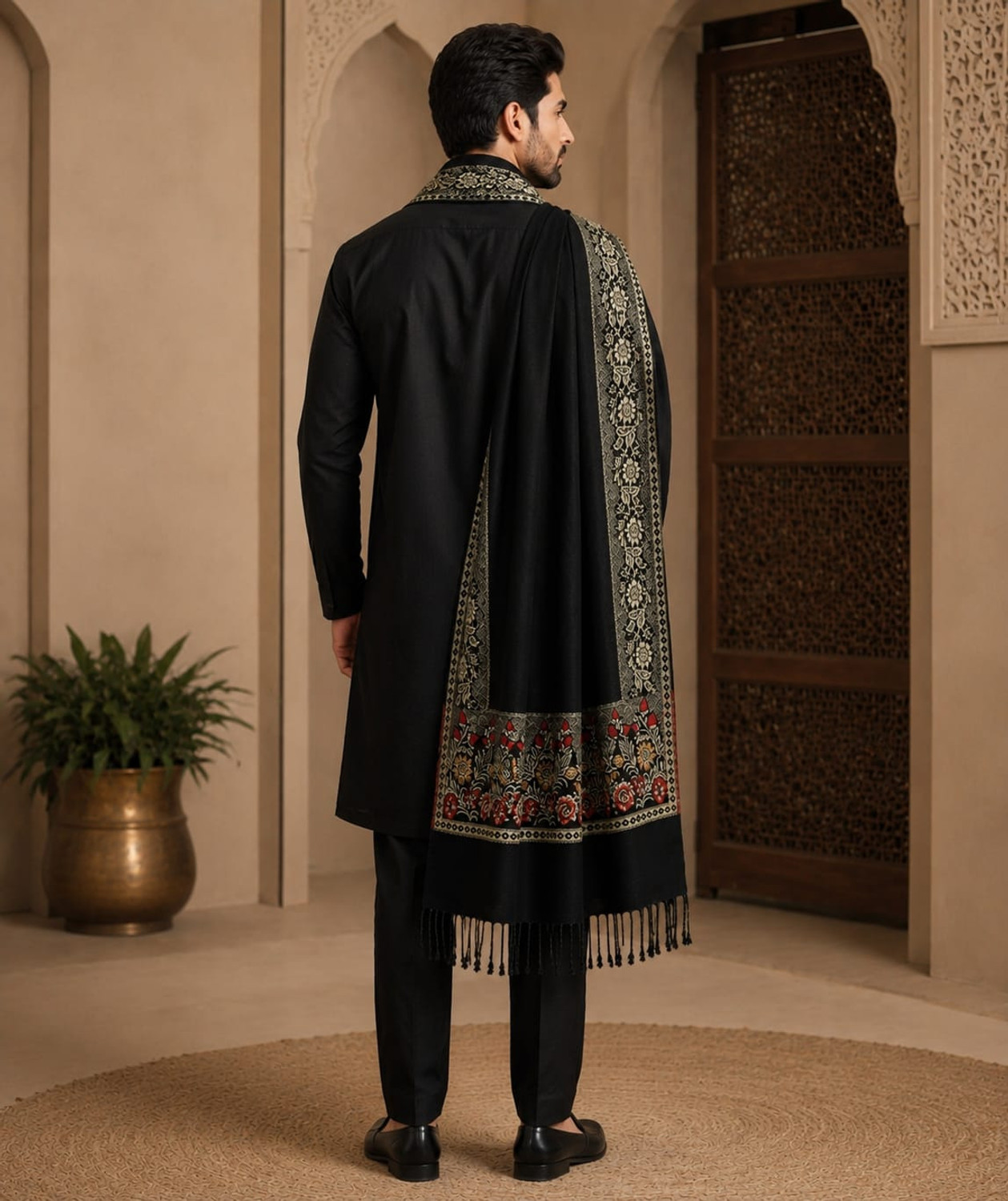 Image of INFIUS CEREBRO Acrylic Embroidered Men Shawl (Black)