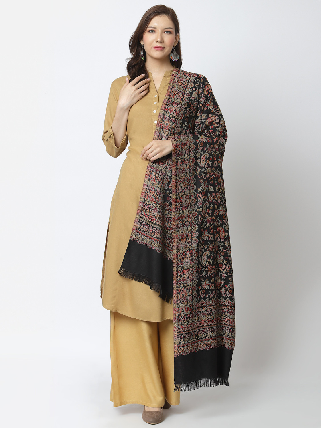 Image of WEAVERS VILLA Polyester Wool Blend Solid Women Shawl (Black)