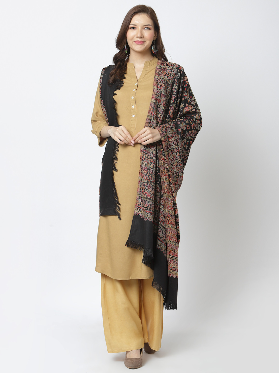 Image of WEAVERS VILLA Polyester Wool Blend Solid Women Shawl (Black)