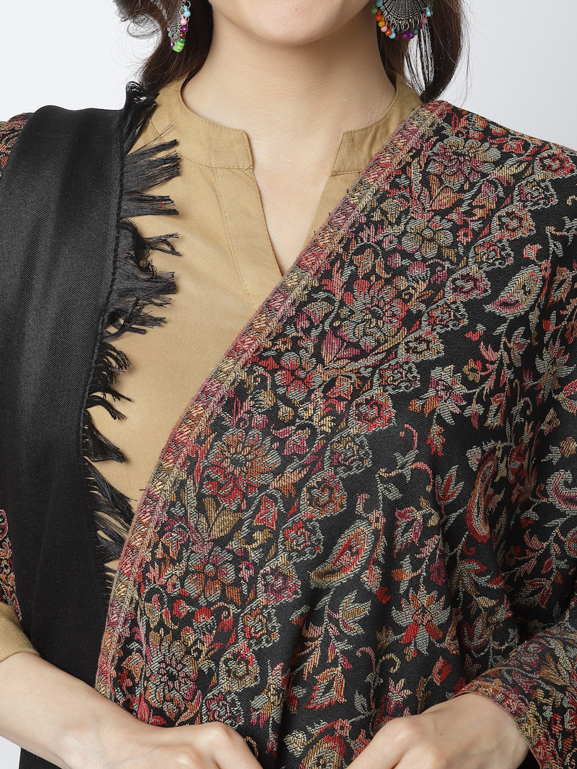 Image of WEAVERS VILLA Polyester Wool Blend Solid Women Shawl (Black)