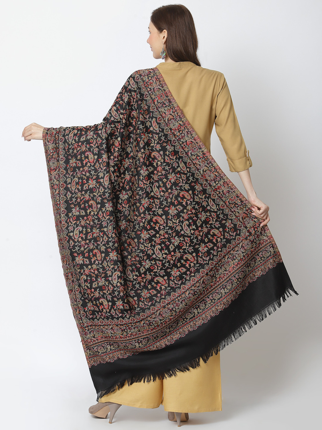 Image of WEAVERS VILLA Polyester Wool Blend Solid Women Shawl (Black)