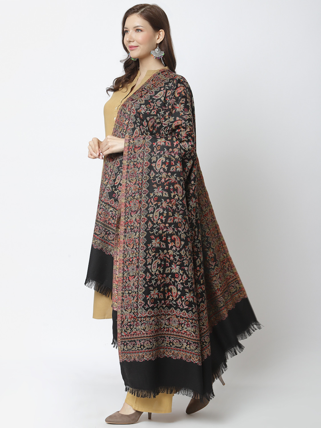 Image of WEAVERS VILLA Polyester Wool Blend Solid Women Shawl (Black)