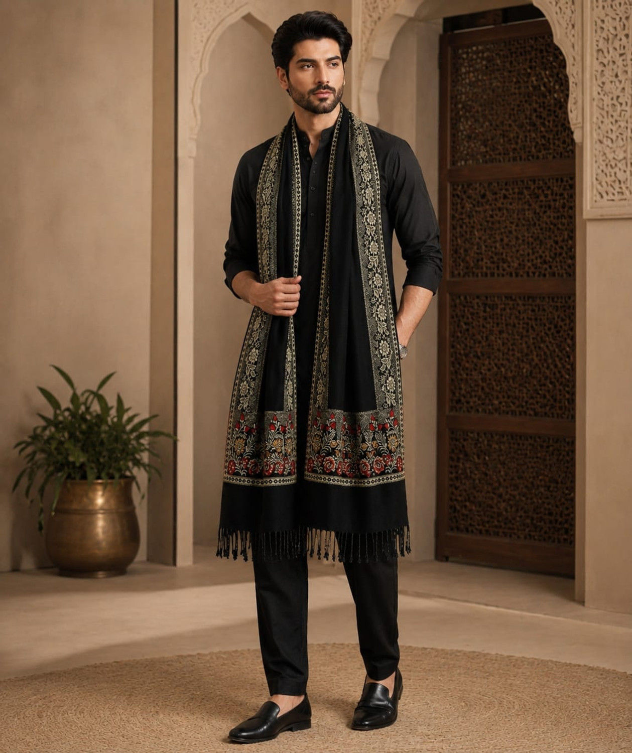 Image of INFIUS CEREBRO Acrylic Embroidered Men Shawl (Black)