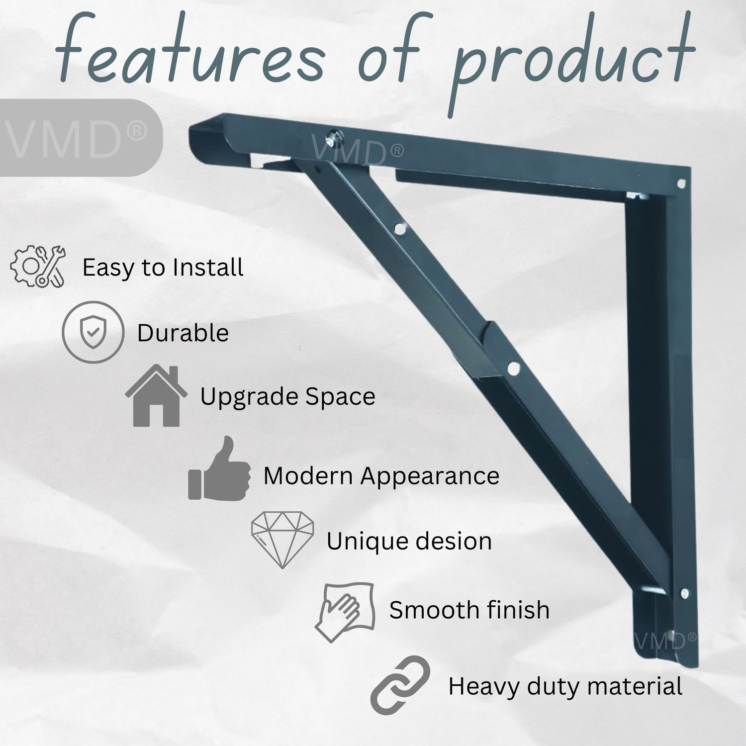 Image of Vmd Heavy Duty 16 inch (Grey) Foldable Table Bracket, DIY Folding Shelves, l Bracket, Wall Angle Bracket, Folding Table Bracket with Fitting for fold Down (Pack of 2) Shelf Bracket