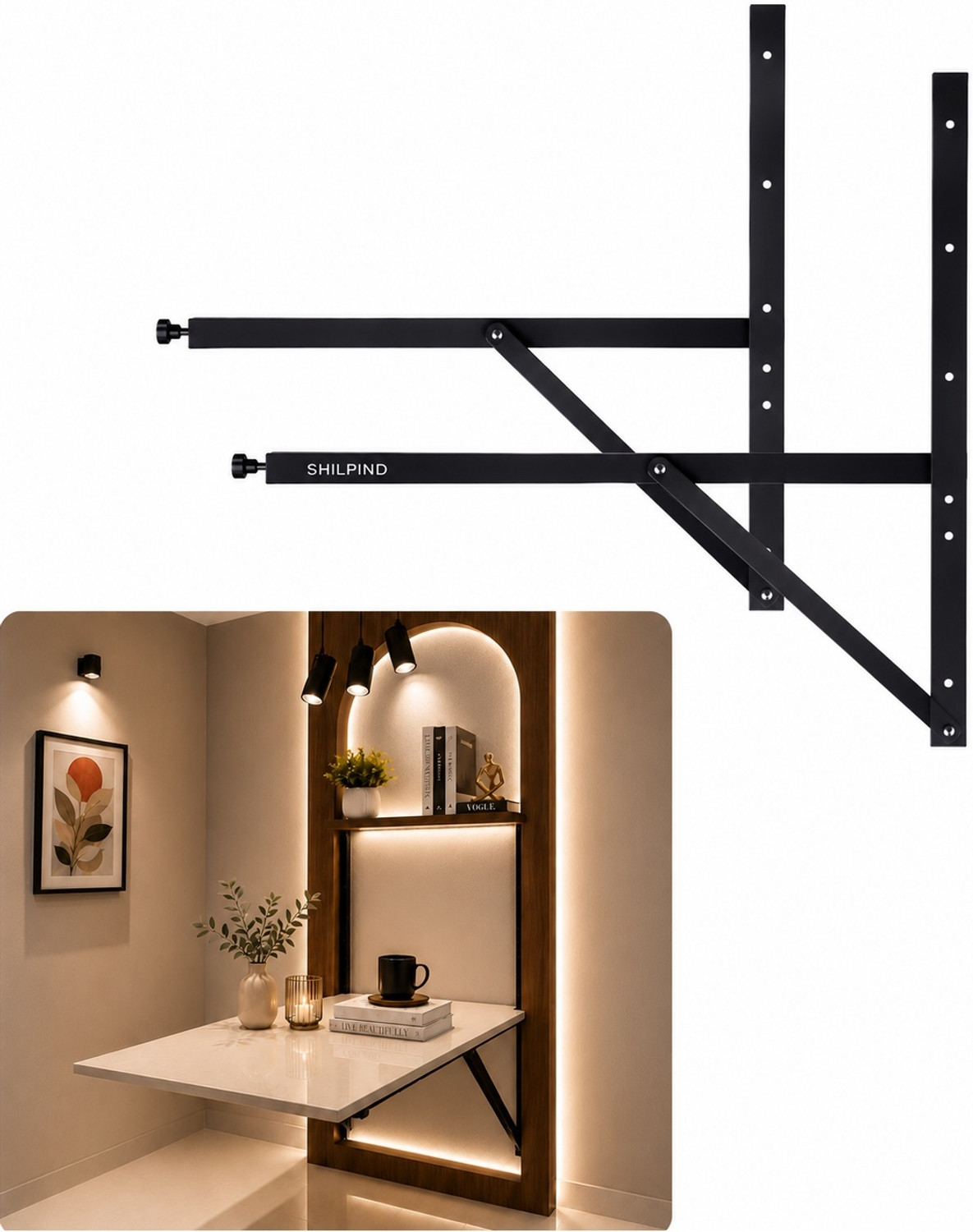 Image of shilpind 30 Inch Heavy Duty Folding Shelf Table Bracket 100Kg 3 Seater | Pack of 2 | 2.5 Ft Wall Mount Shelf Bracket