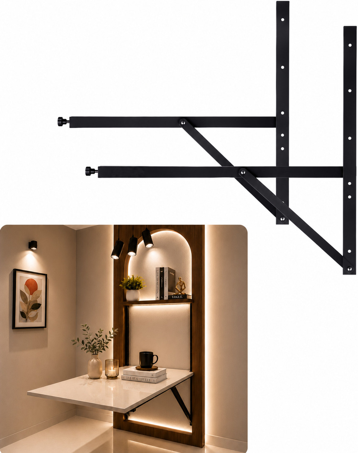 Image of shilpind Space-Saving Folding Dining Table Brackets 2 seat Wall Mount Collapsible Hinges 2 FT Shelf Bracket