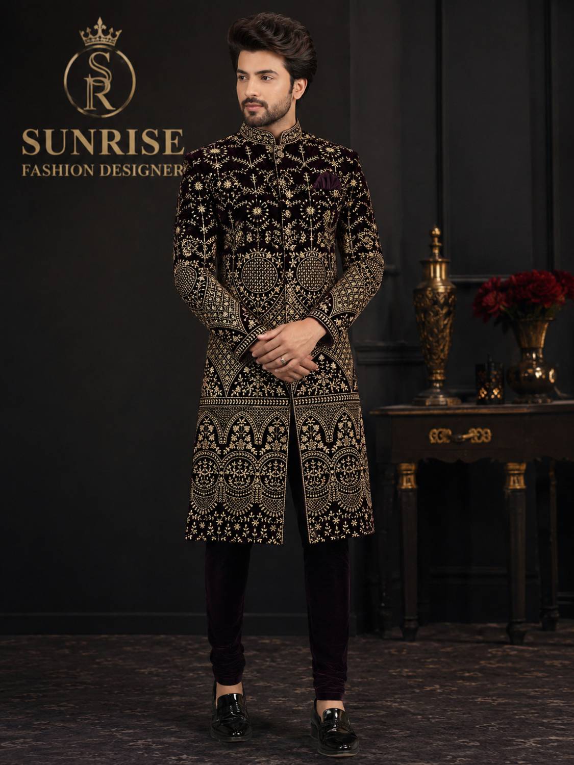 SUNRISEFashion Heavy Zari Striped Sherwani - Image 1