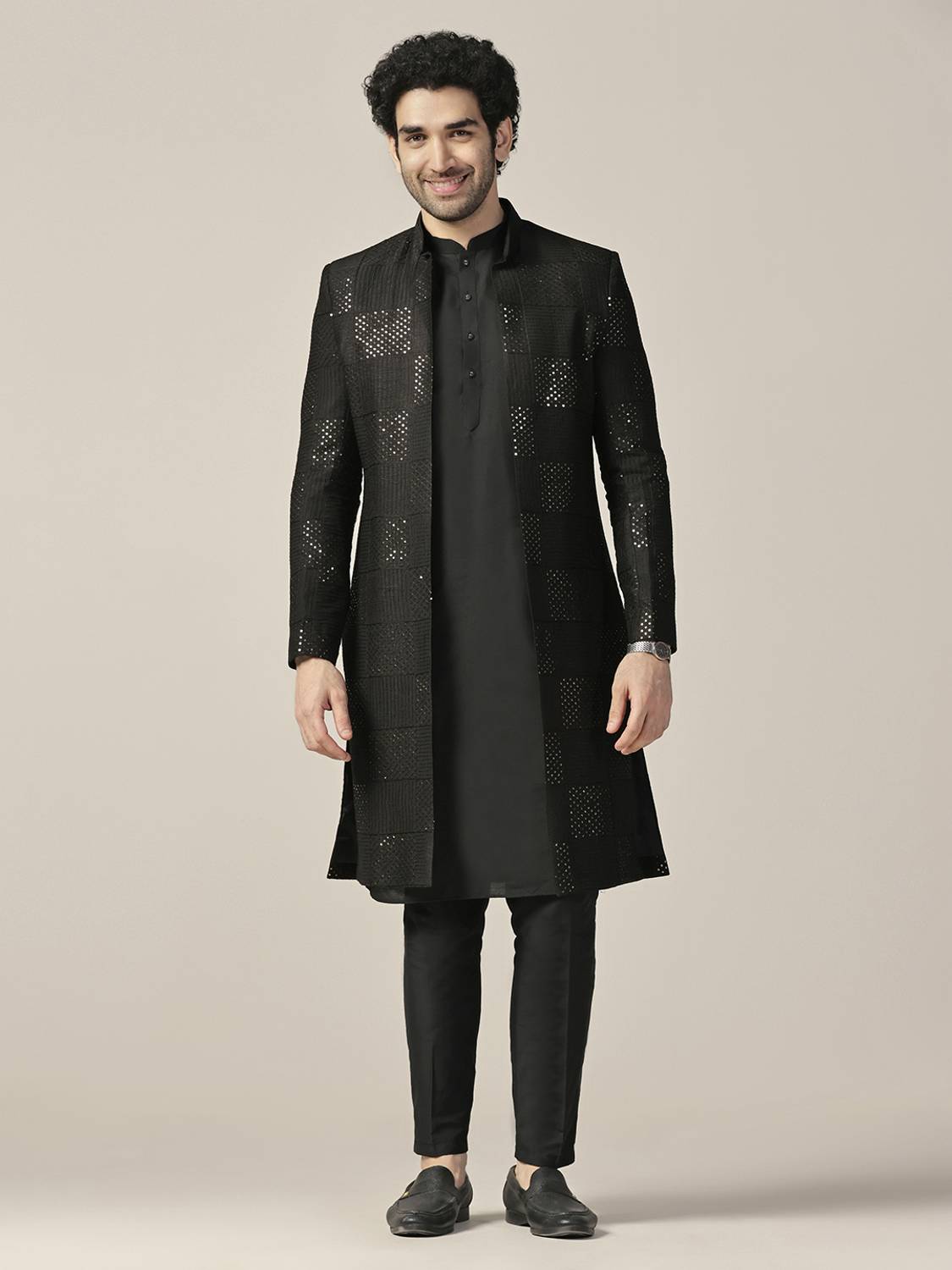 Kisah Men Black Kurta Sherwani Trouser Set - Image 1
