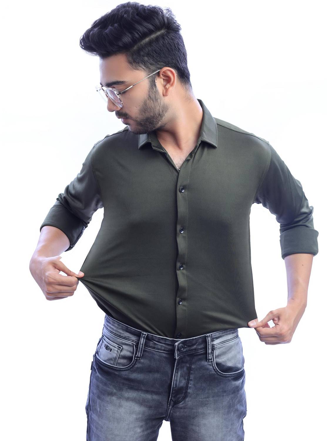 ALMORA Men Solid Casual Dark Green Shirt