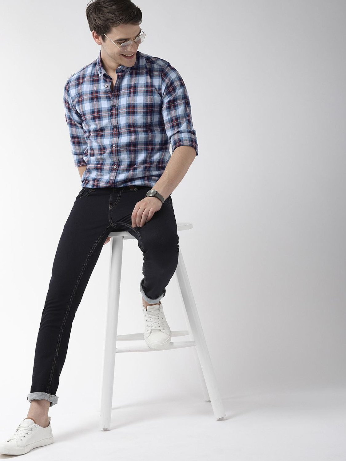 Image of Mast & Harbour Men Checkered Casual Blue Shirt