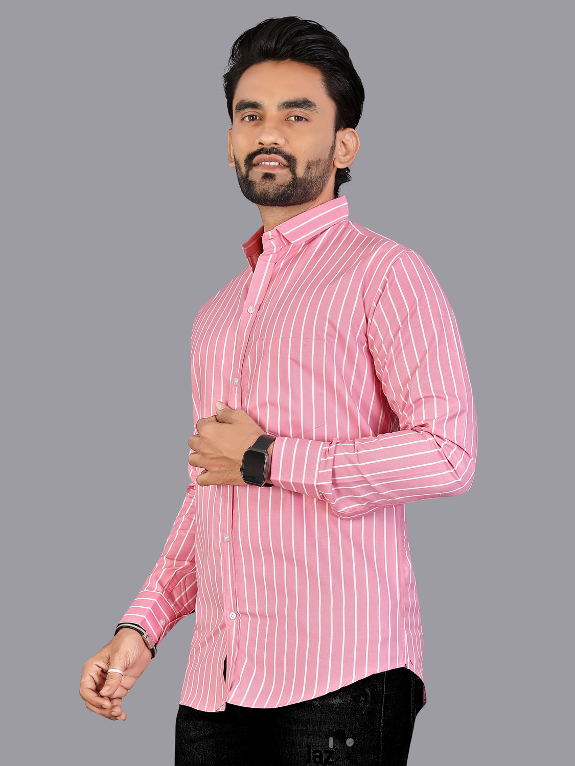 Image of DISHANK CREATION Men Striped Casual Pink Shirt