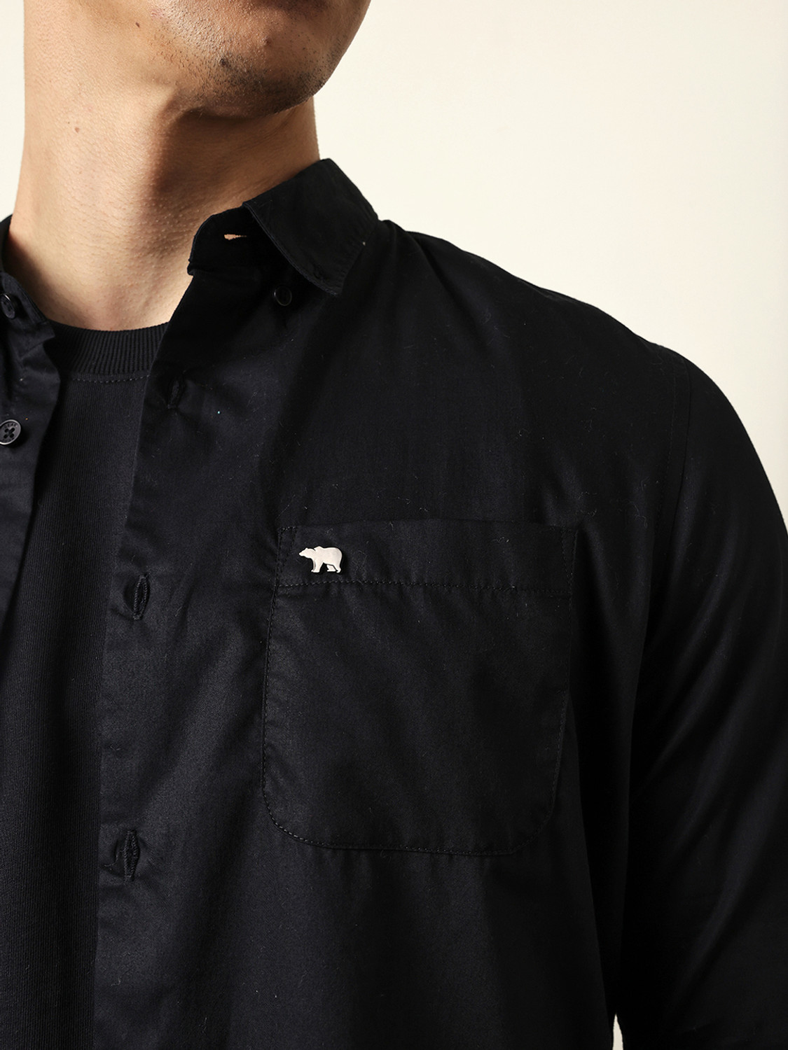 Image of THE BEAR HOUSE Men Solid Casual Black Shirt