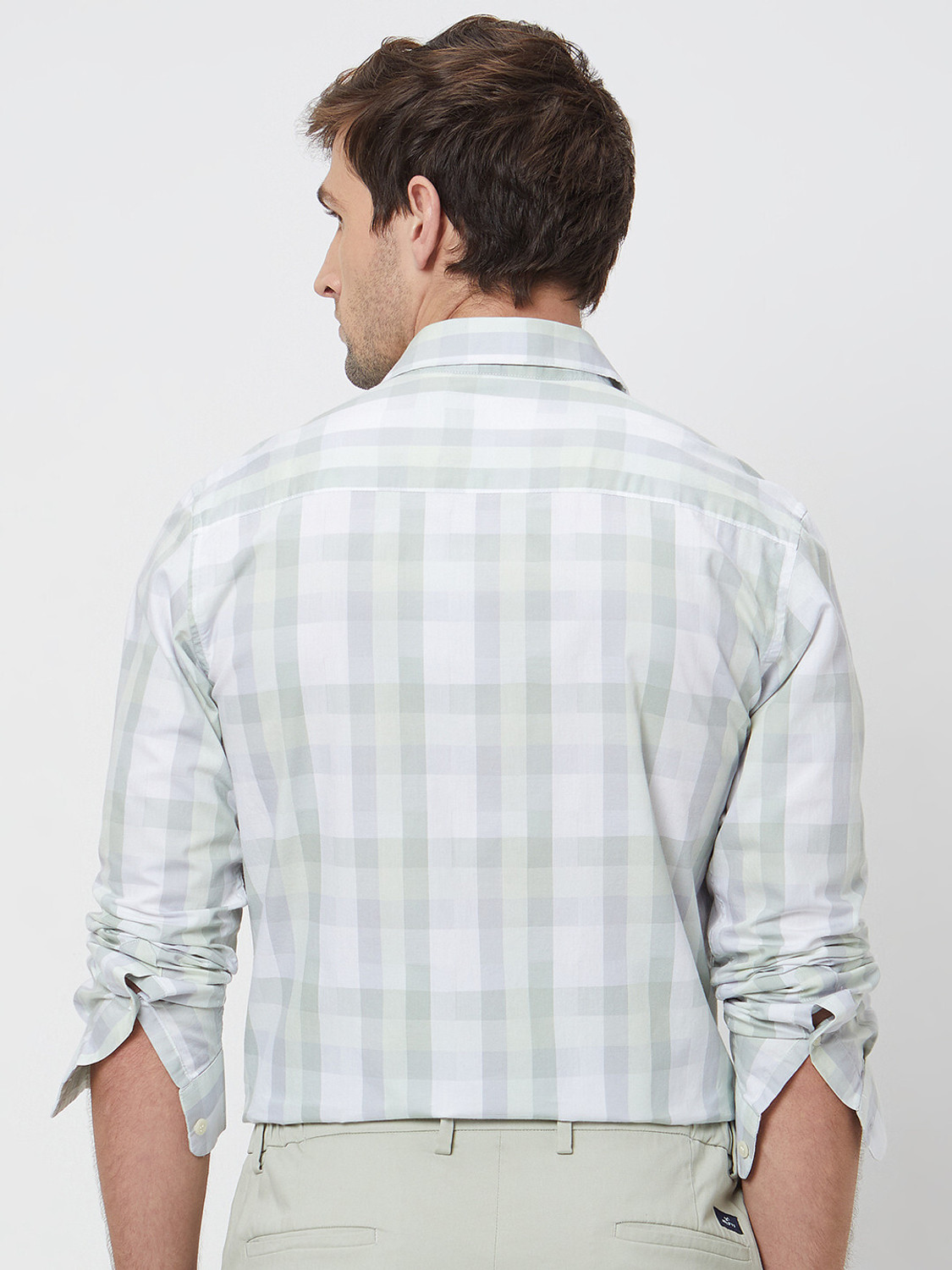 Image of MUFTI Men Checkered Casual Grey, Light Green, White Shirt