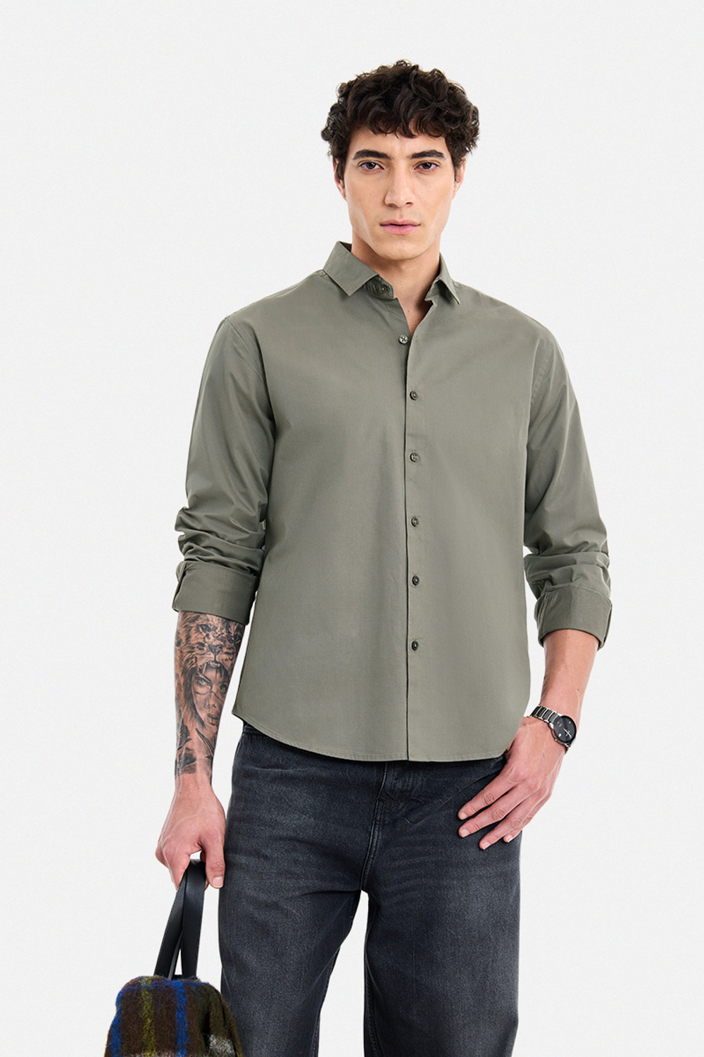 Image of Snitch Men Solid Casual Dark Green Shirt