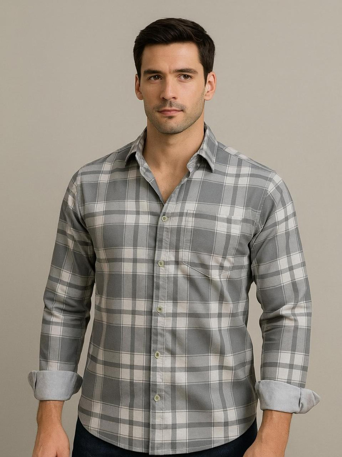 Image of METRONAUT Men Checkered Casual Grey Shirt