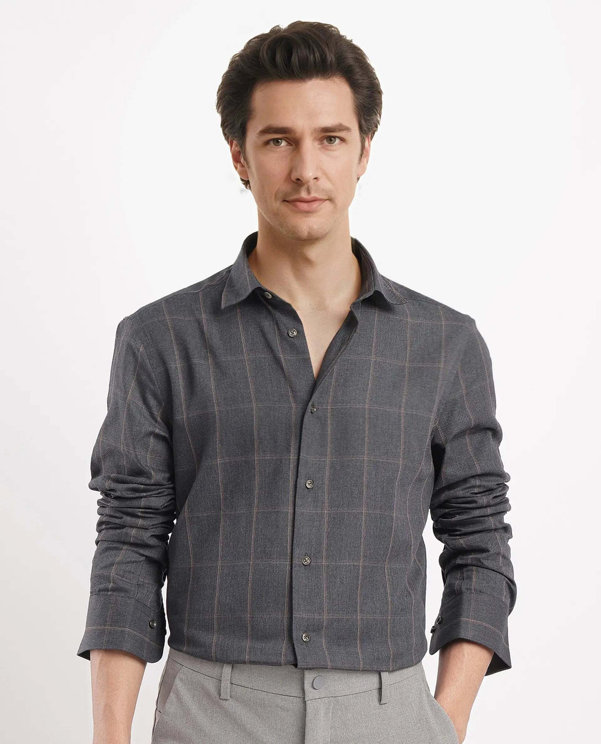 Image of RARE RABBIT Men Checkered Casual Grey Shirt