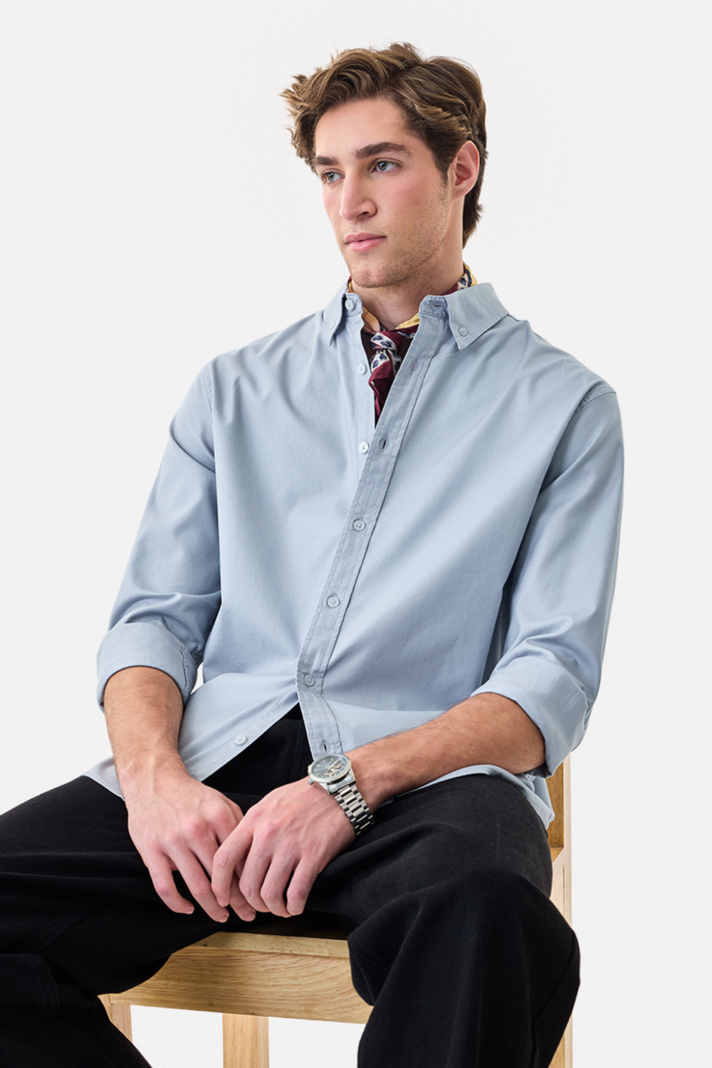 Image of Snitch Men Solid Casual Light Blue Shirt