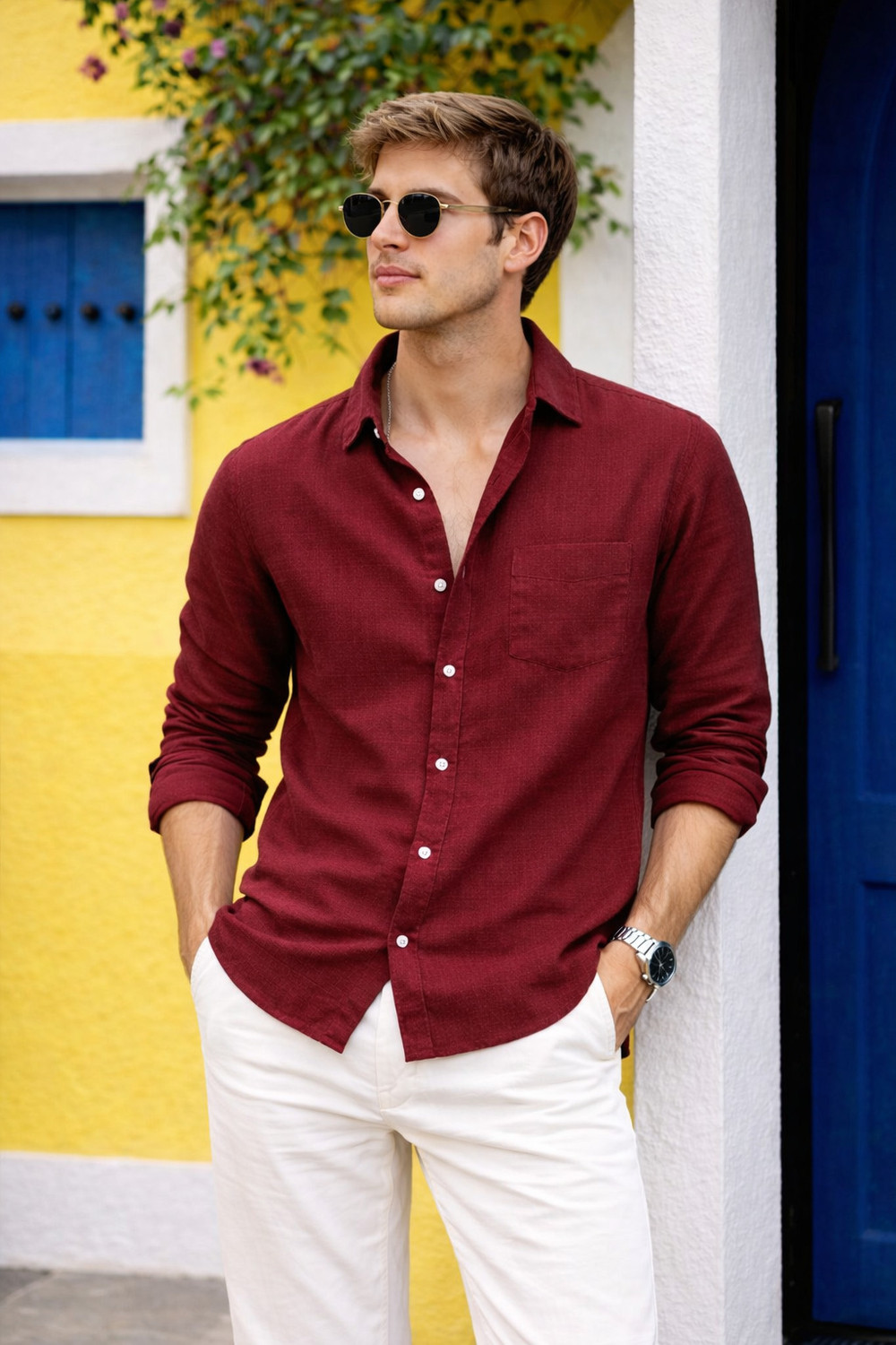 Image of HERE&NOW Men Solid Formal Maroon Shirt