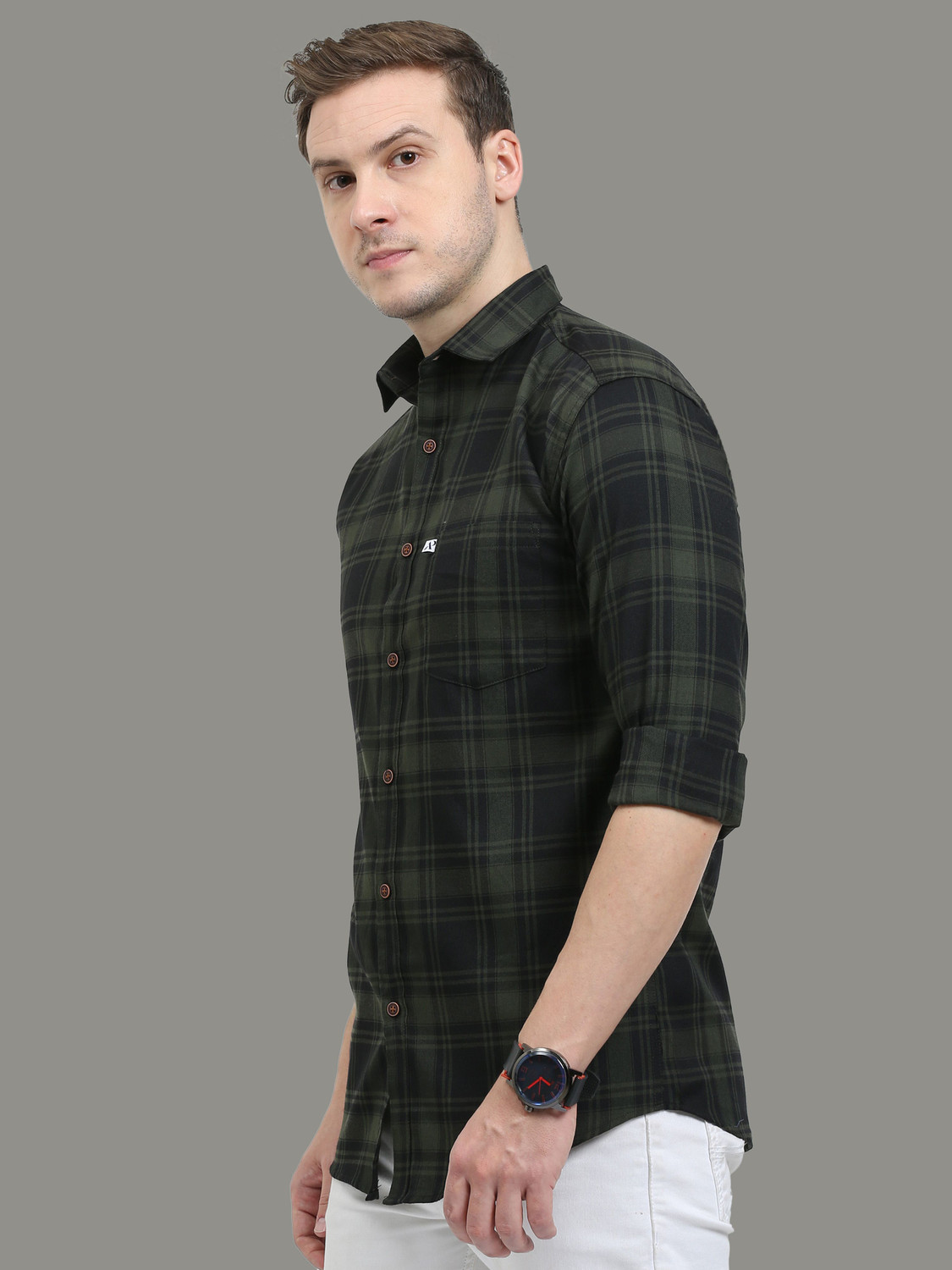 Image of ALLWIN PAUL Men Checkered Casual Dark Green Shirt
