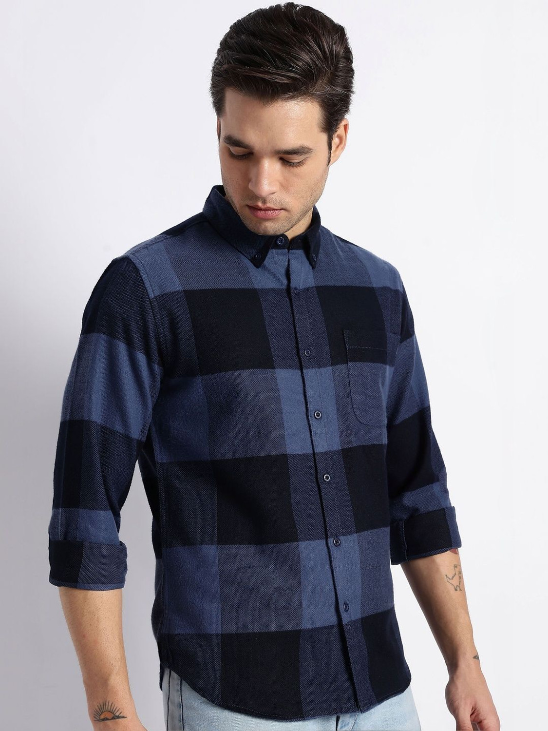 Image of HERE&NOW Men Checkered Casual Blue Shirt