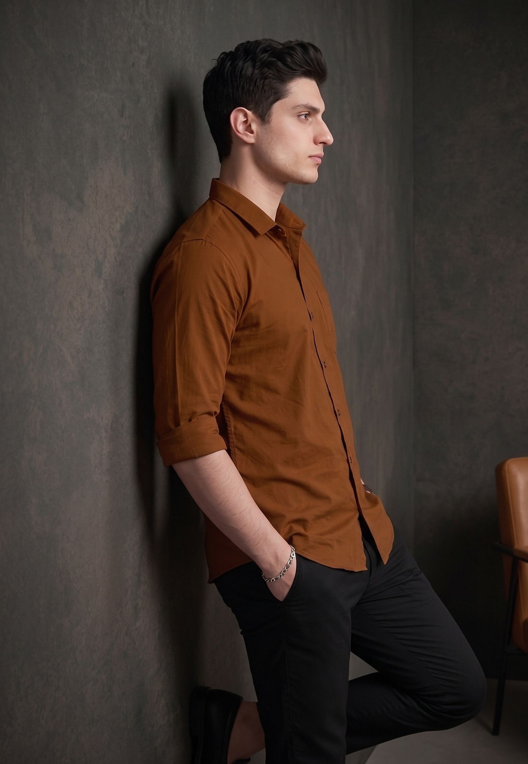 Image of FIBERMILL Men Solid Formal Brown Shirt