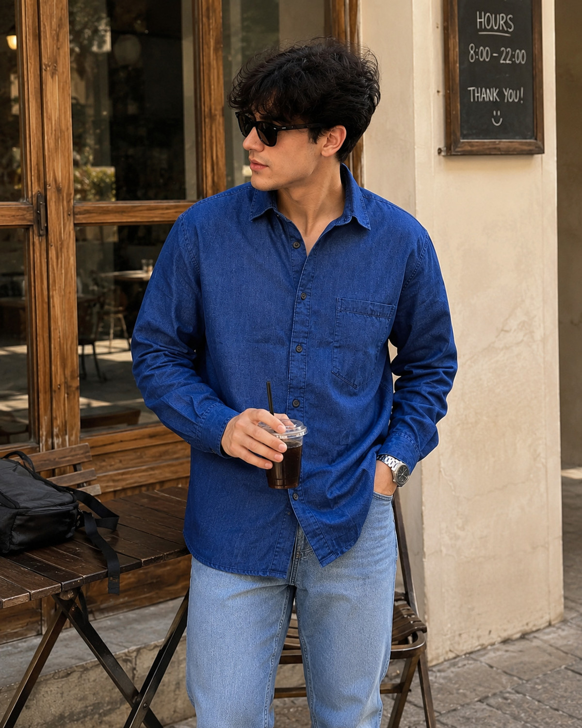 Image of FnQ Men Washed Casual Dark Blue Shirt