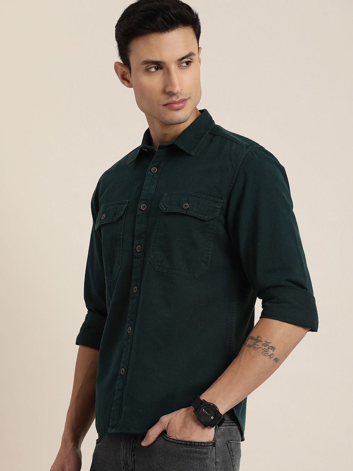 Image of Moda Rapido Men Solid Casual Dark Green Shirt