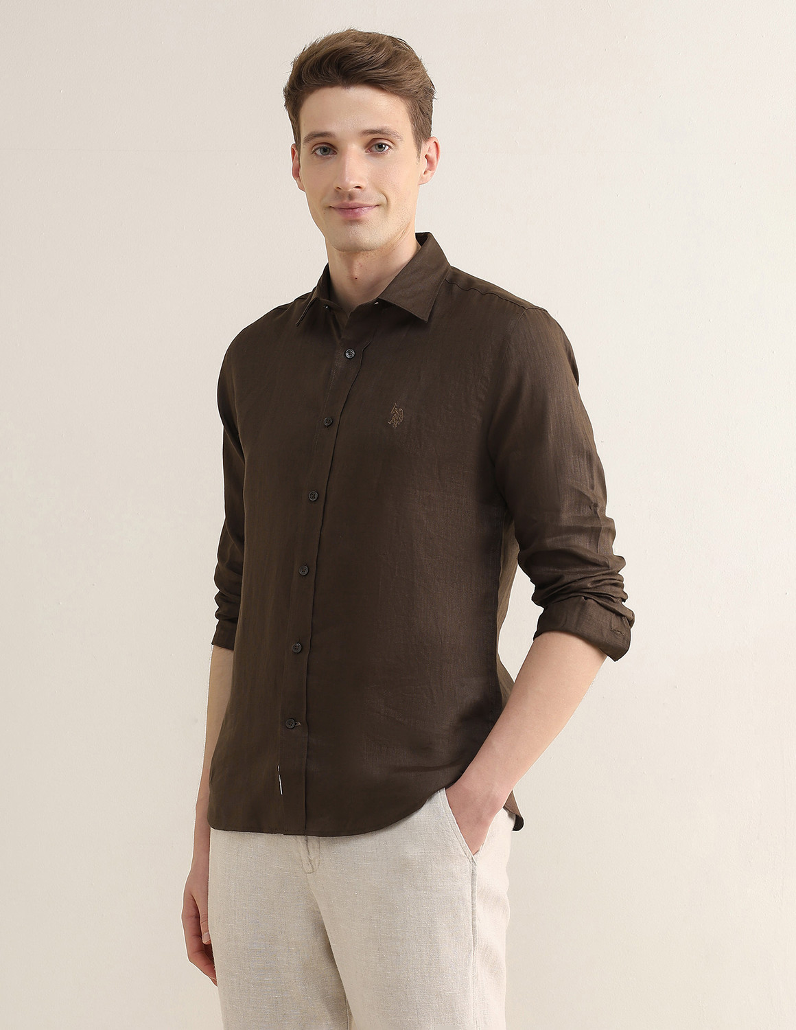 Image of U.S. POLO ASSN. Men Solid Casual Brown Shirt