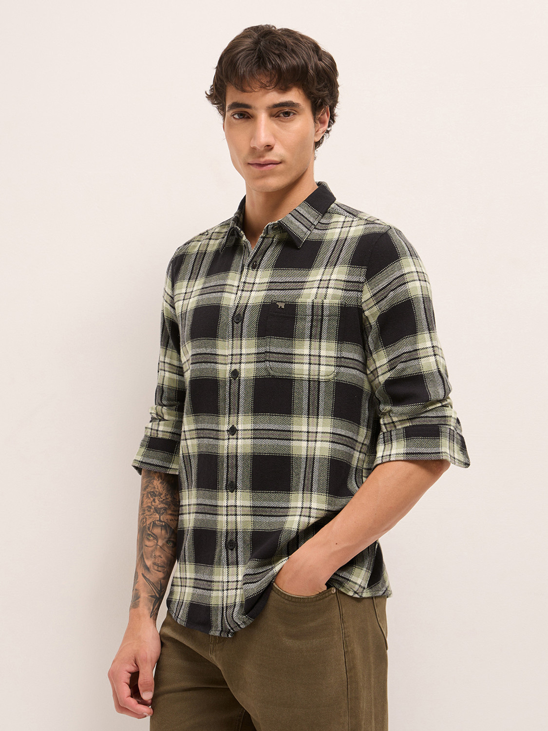Image of THE BEAR HOUSE Men Checkered Casual Black Shirt