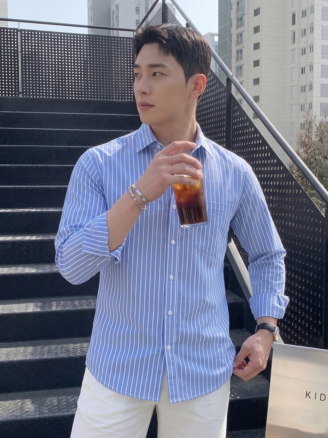 DMSF Men Striped Casual Blue, White Shirt - Image 5