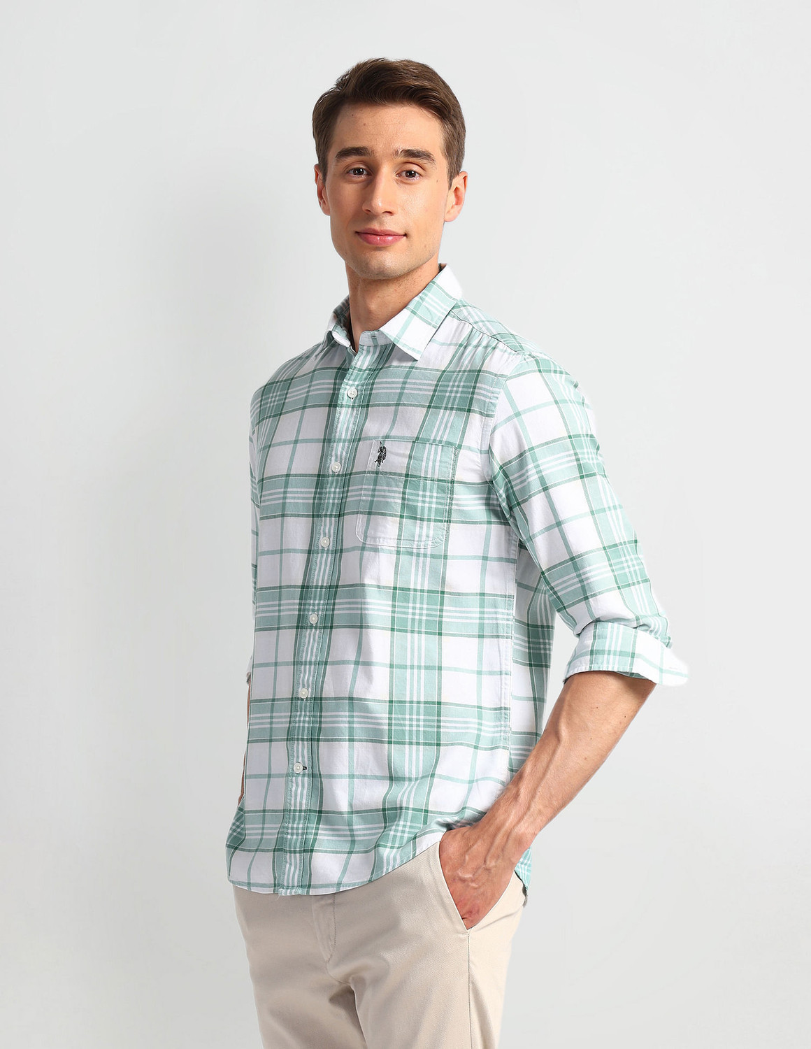Image of U.S. POLO ASSN. Men Checkered Casual Green, White Shirt