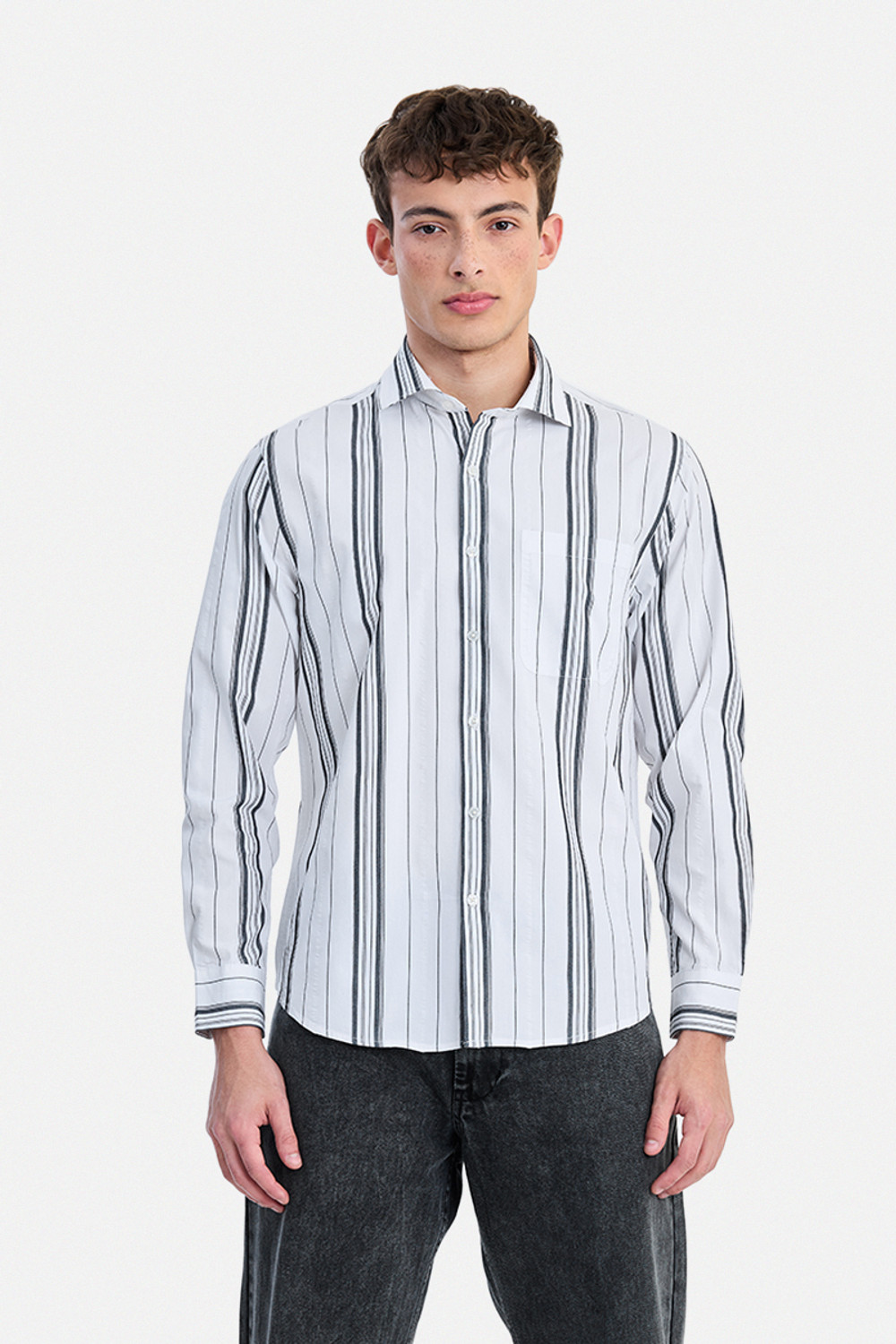 Image of Snitch Men Striped Casual White Shirt