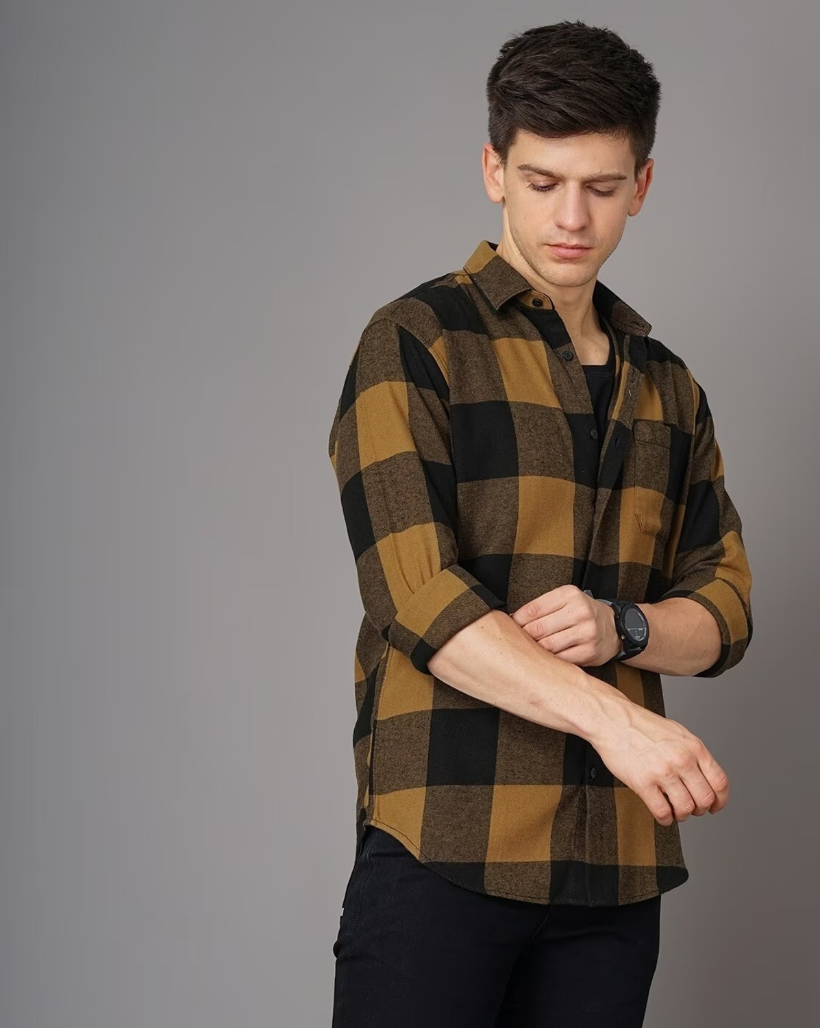 Image of British Club Men Checkered Casual Yellow, Black Shirt