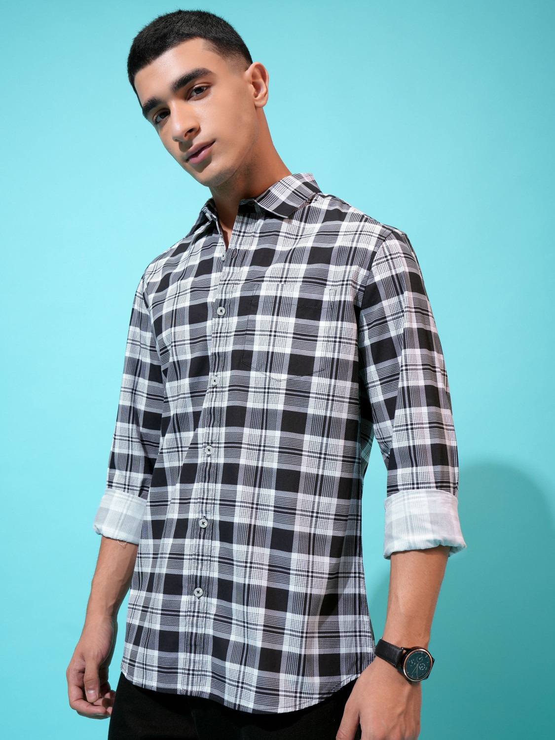 Image of HIGHLANDER Men Checkered Formal White Shirt