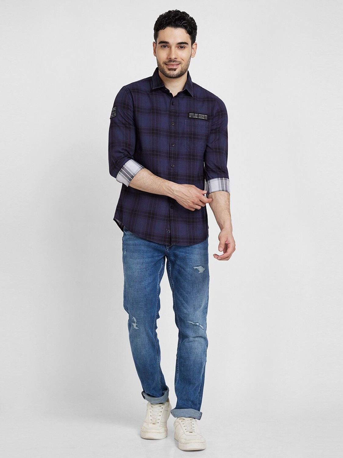 Image of Spykar Men Checkered Casual Blue Shirt