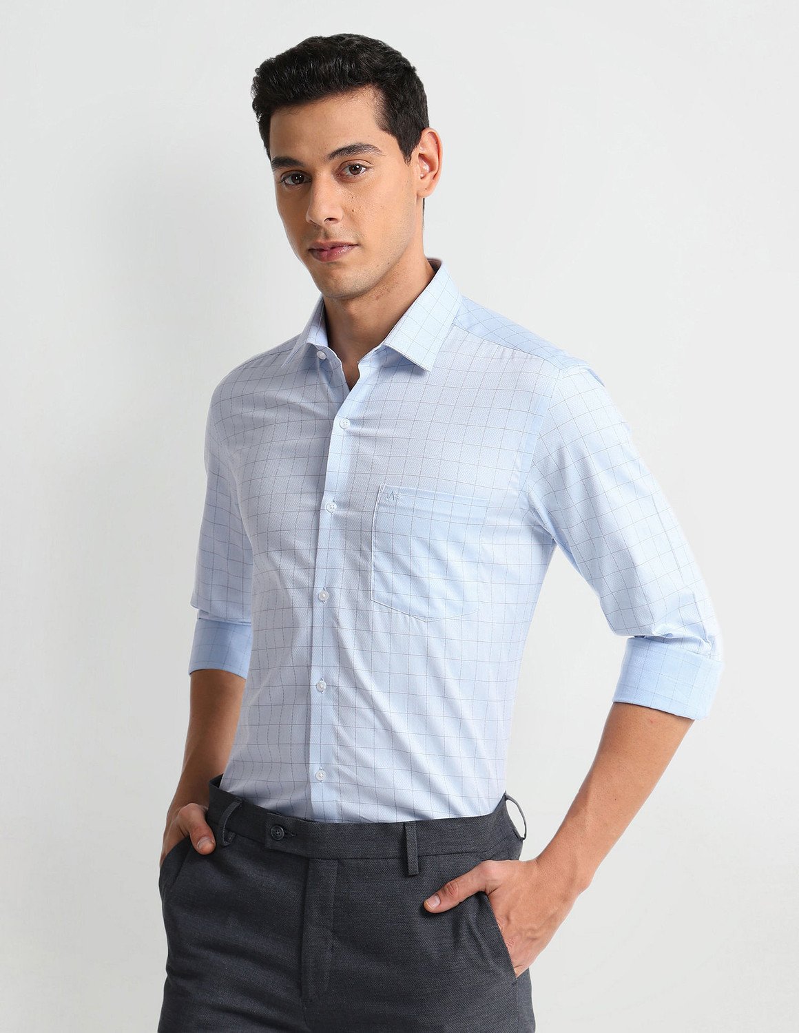 Image of ARROW Men Checkered Formal Light Blue Shirt