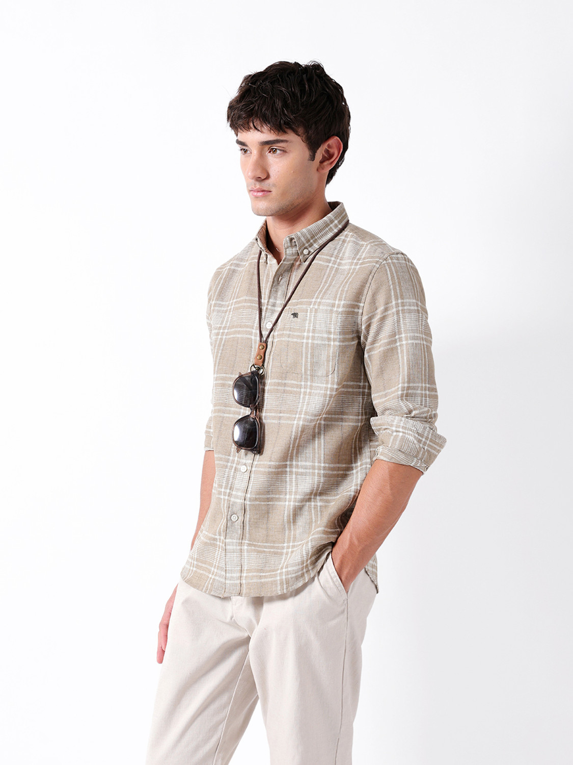 Image of THE BEAR HOUSE Men Checkered Casual Brown Shirt
