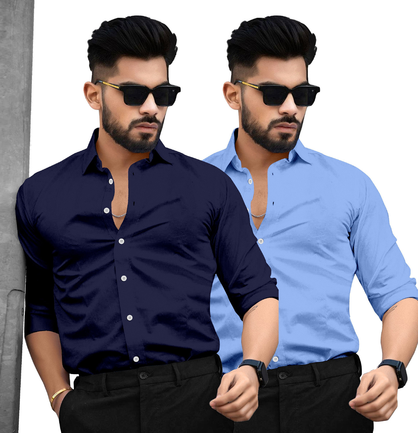 Image of SAADIWALA Men Solid Casual Dark Blue, Light Blue Shirt