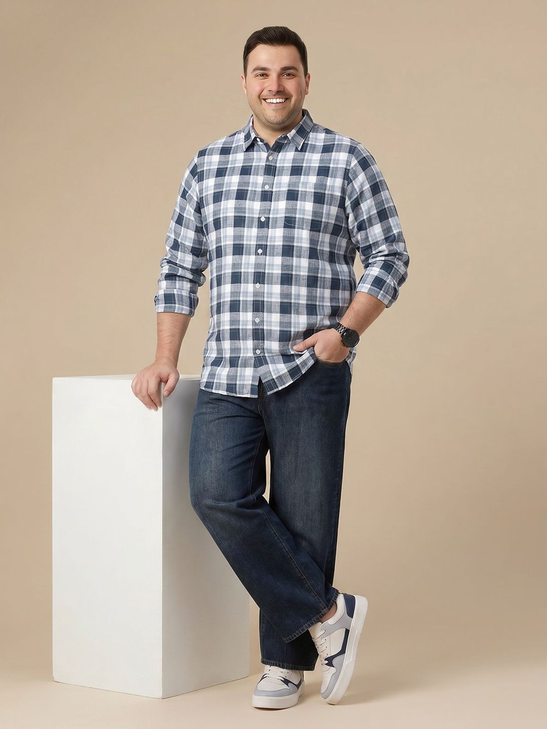 Image of Roadster Men Checkered Casual Blue Shirt