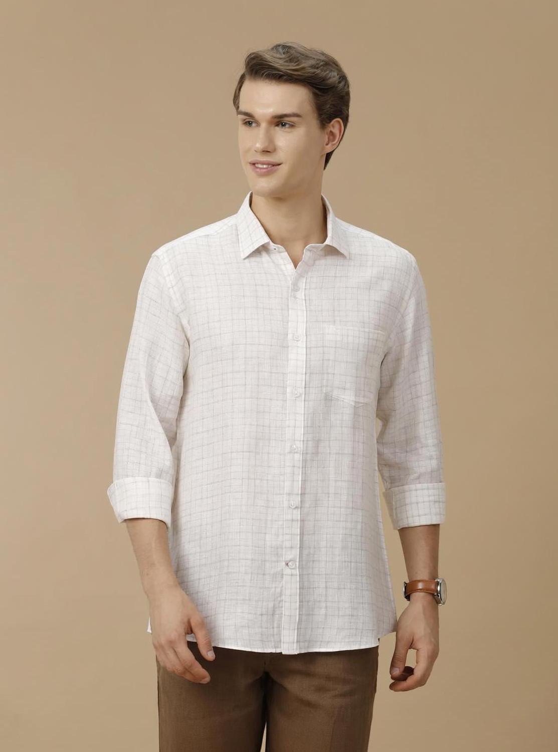 Image of Linen Club Men Checkered Casual White Shirt