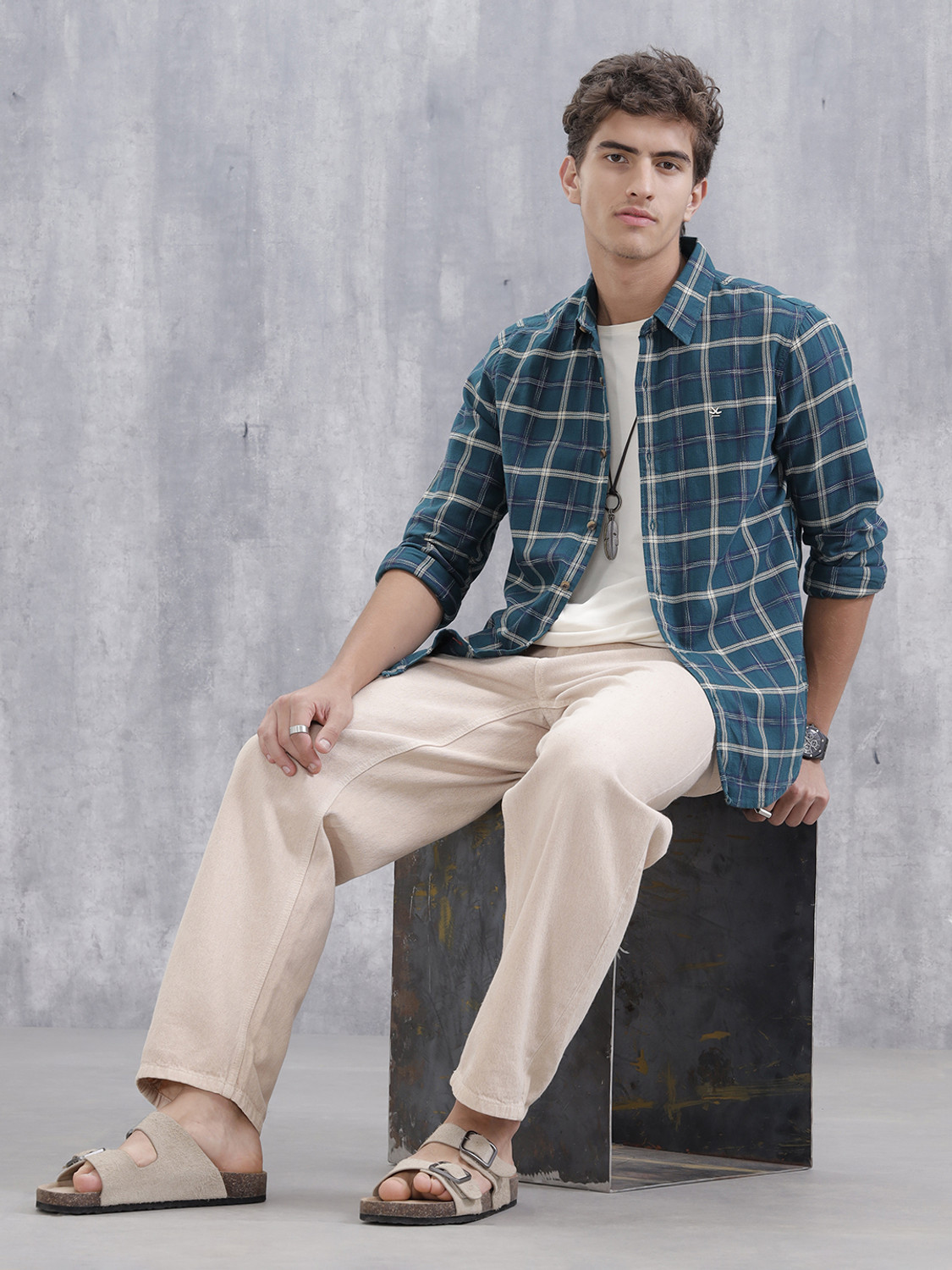 Image of WROGN Men Checkered Casual Green Shirt