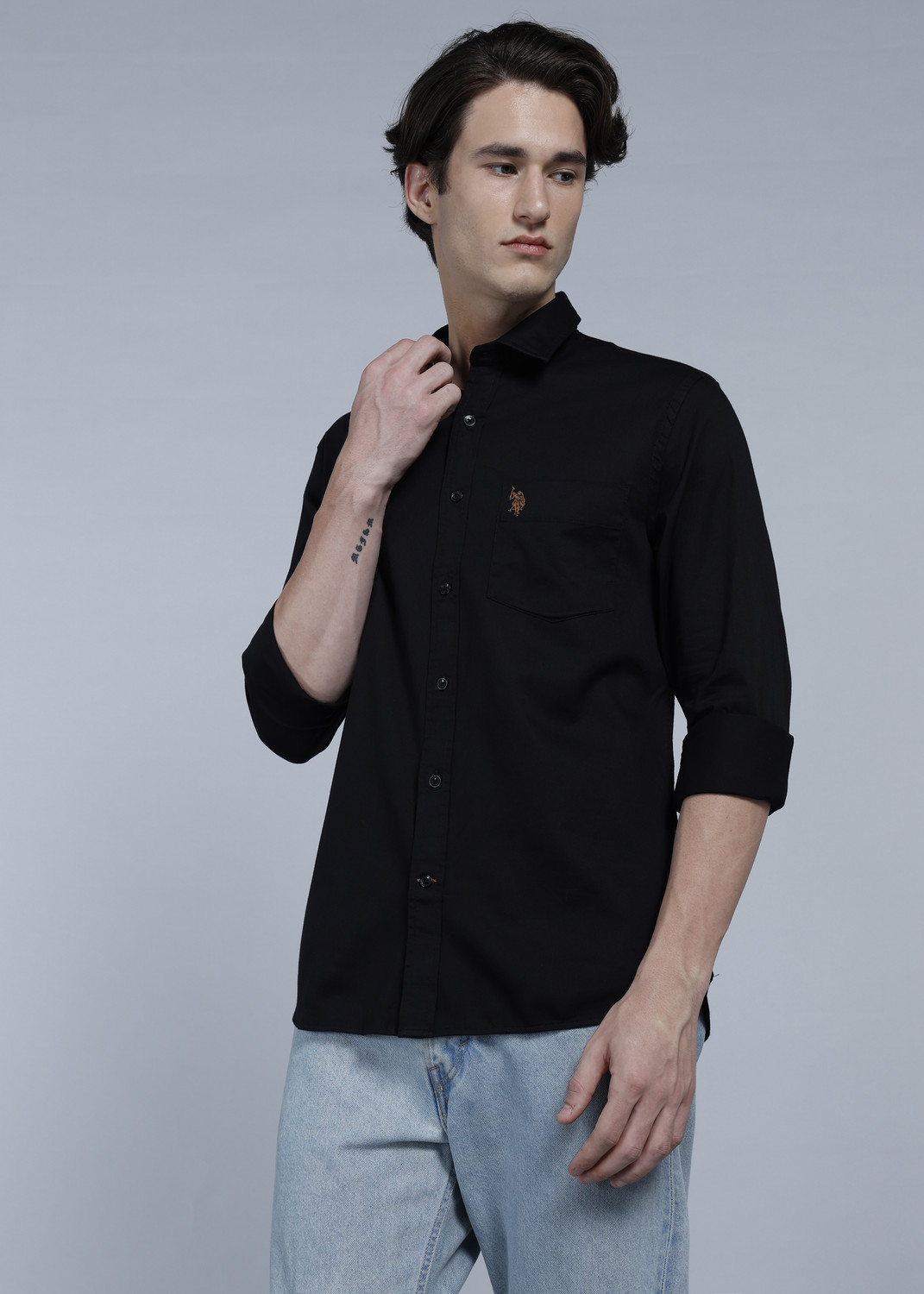 Image of U.S. POLO ASSN. Men Tailored Fit Solid Cut Away Collar Casual Shirt