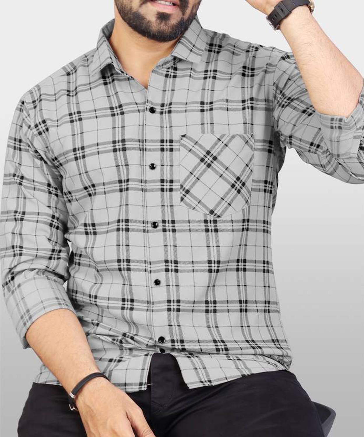 PURE MAN Men Checkered Casual Grey Shirt