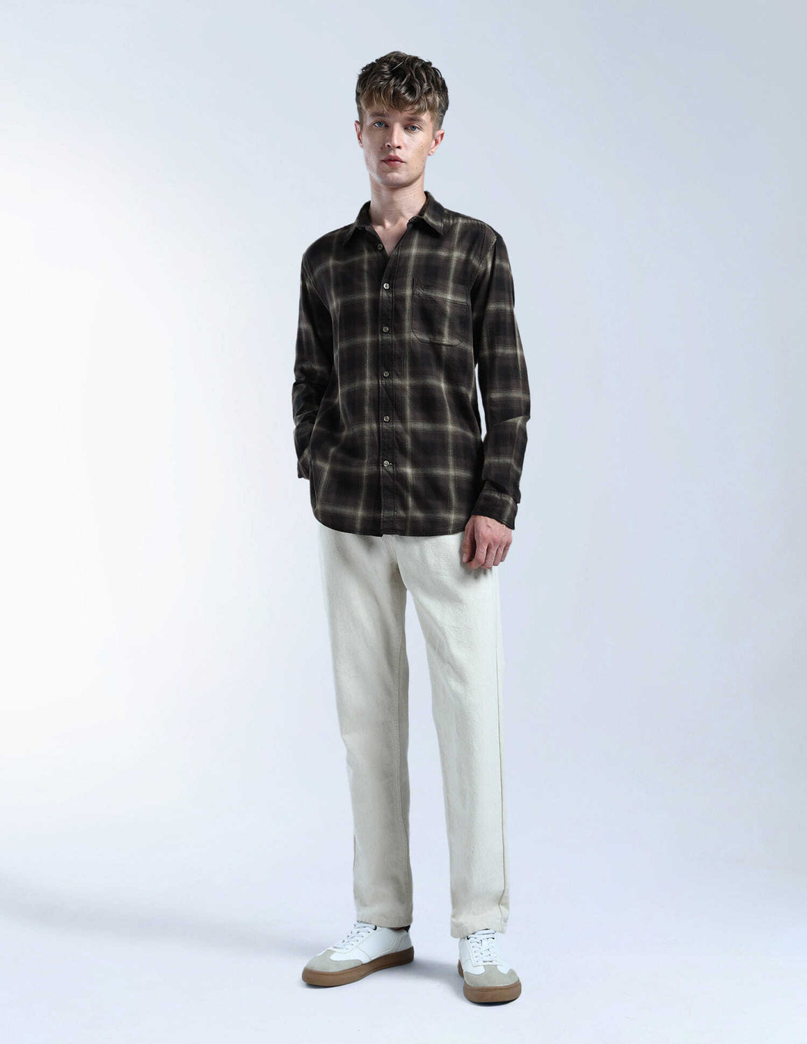 Image of FLYING MACHINE Men Checkered Casual Brown Shirt