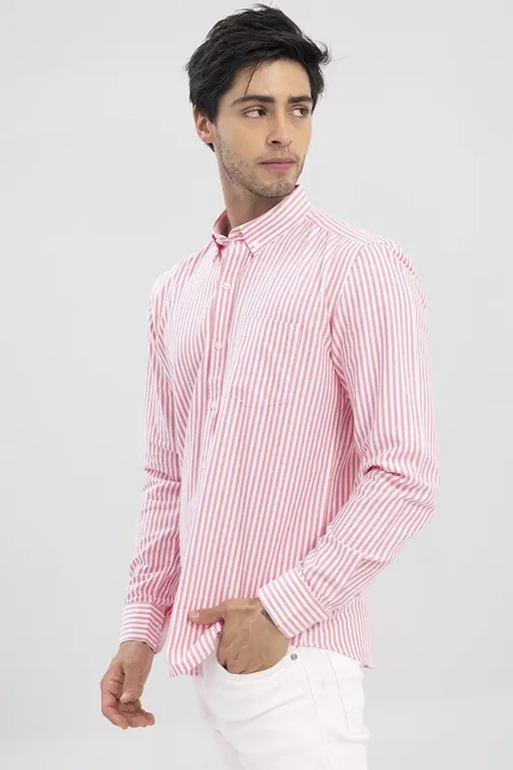 Image of positive vibes Men Striped Casual Pink, White Shirt
